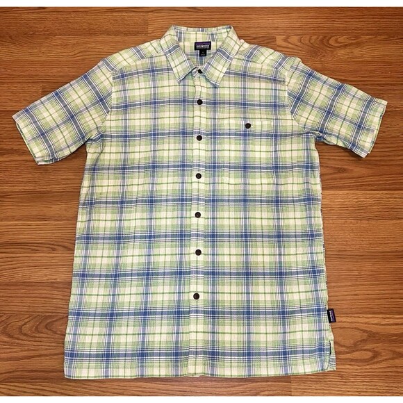 PATAGONIA A/C Green Blue White Plaid Seersucker Button Shirt Outdoor Men's Large - Picture 1 of 5